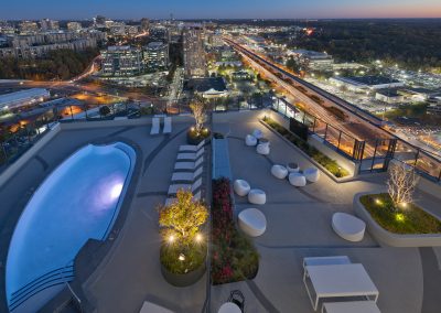 860 square foot rectangular inground swimming pool on rooftop of apartment complex in Towson, Maryland.